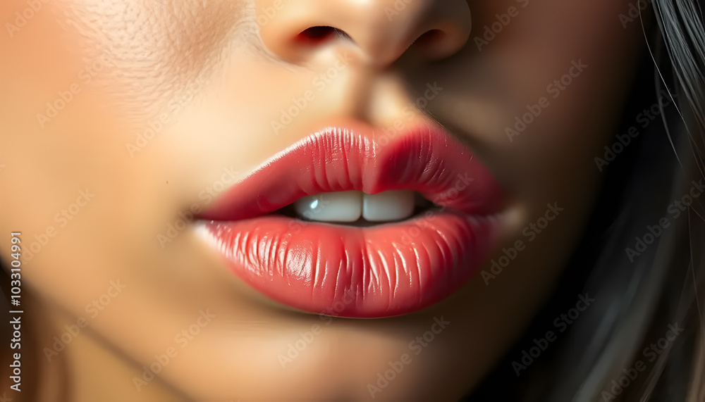 Macro shot of a woman's lips in a light kiss, capturing every detail and texture. Perfect for beauty, cosmetics, and skincare themes Macro shot of a woman's lips in a light kiss, capturing every detail and texture. Perfect for beauty, cosmetics, and skincare themes