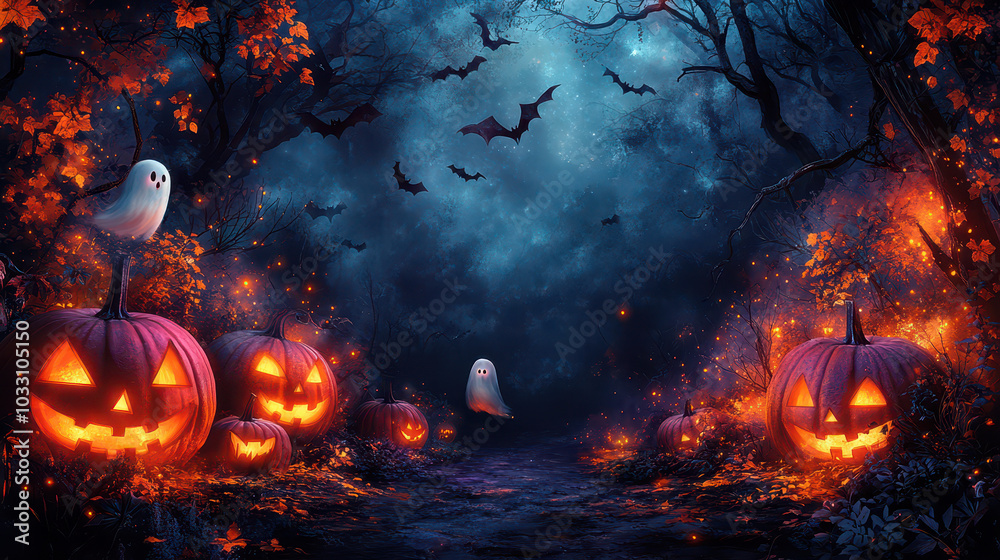 Spooky halloween border, ghosts, pumpkins, creepy, dark background