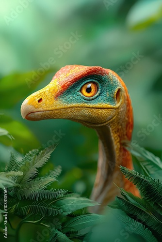 Ornitholestes hunting in dense foliage isolated with a light green forest background. photo