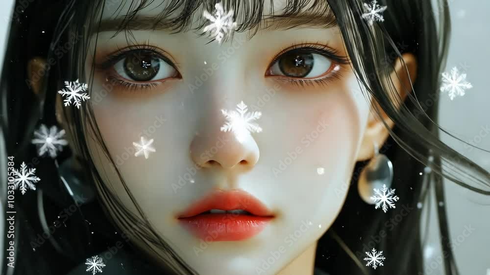 A woman with long black hair looks intently at the camera, snowflakes gently falling around her face A woman with long black hair looks intently at the camera, snowflakes gently falling around her face