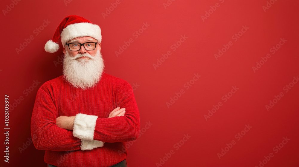 A jolly Santa Claus with glasses stands against a vibrant red backdrop, exuding holiday cheer and warmth. A jolly Santa Claus with glasses stands against a vibrant red backdrop, exuding holiday cheer and warmth.