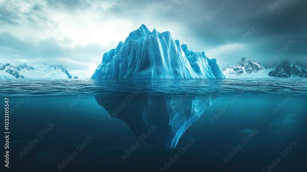 A massive blue iceberg floating in icy waters under a cold, cloudy sky A massive blue iceberg floating in icy waters under a cold, cloudy sky