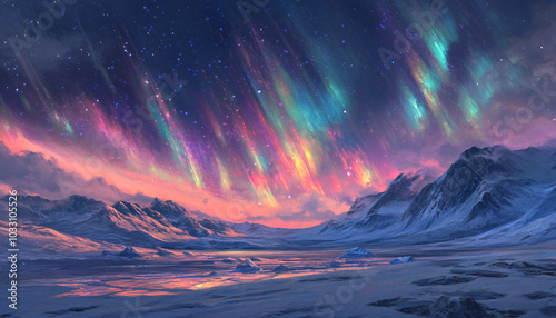 An icy tundra under a night sky filled with auroras. The glaciers glow faintly, reflecting the colors of the auroras above, creating the illusion of rivers of light flowing across the ice