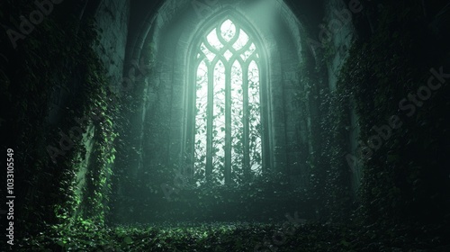 Enchanting Gothic Window Bathed in Moonlight - 3D Render with Intricate Details and Dark Ivy  Cinematic Light