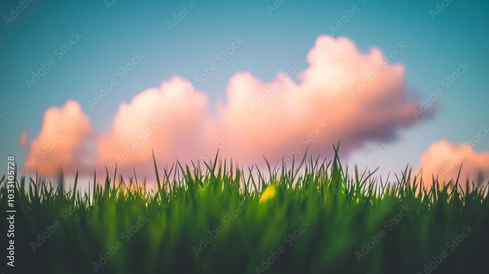 Obraz premium Low angle view of green grass with pink clouds in the background.