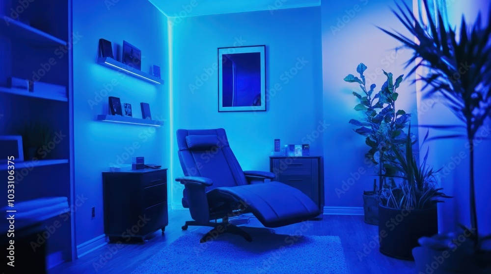 Blue light therapy room with a calming atmosphere, helping with relaxation Blue light therapy room with a calming atmosphere, helping with relaxation