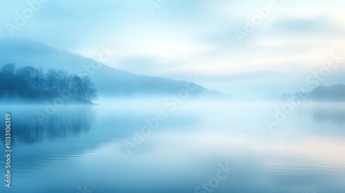 Blue mist rising from a calm lake at dawn, blending into the soft light of morning