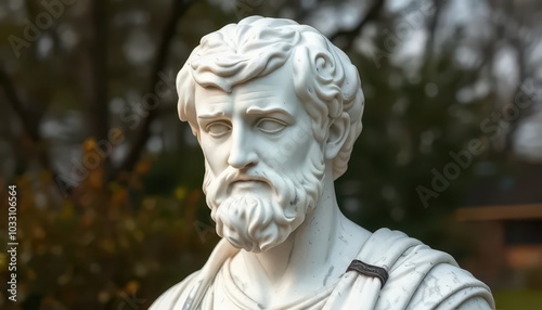 Classical bust of philosopher in Roman style on natural background. Stoicism