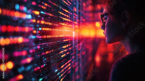 A person gazing at a vibrant, data-like digital display, symbolizing technology and information.