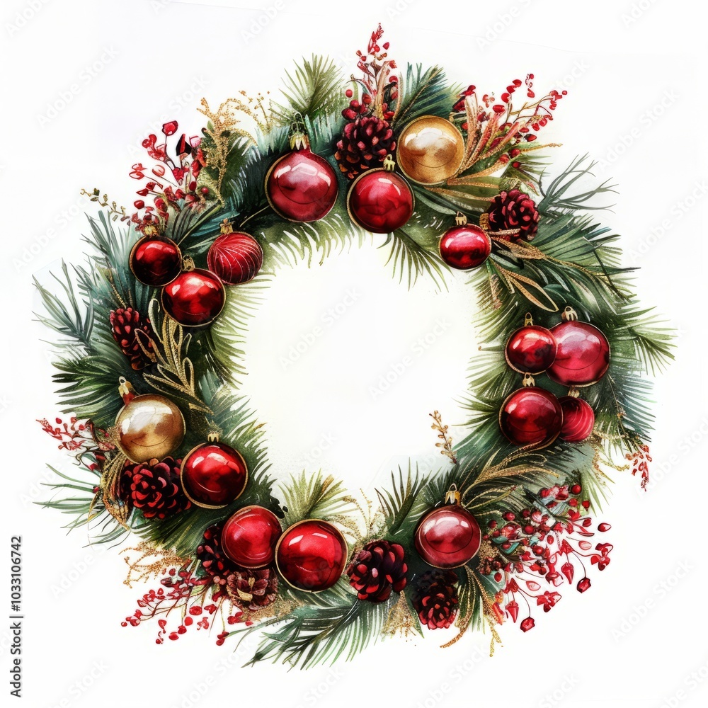 A classic Christmas wreath with red and gold decor isolated on white background, watercolor illustration. AI generative A classic Christmas wreath with red and gold decor isolated on white background, watercolor illustration. AI generative