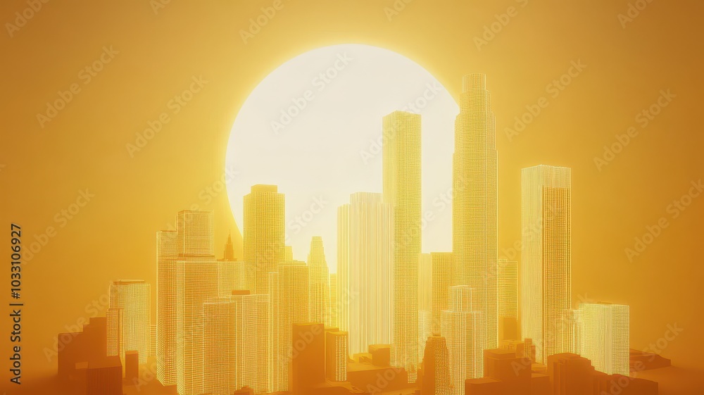 Silhouetted cityscape against a vibrant golden sunset, showcasing a modern skyline Silhouetted cityscape against a vibrant golden sunset, showcasing a modern skyline