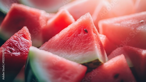 Freshly cut watermelon pieces showcasing vibrant red flesh and green rind, ideal for summer refreshments and healthy snacking.