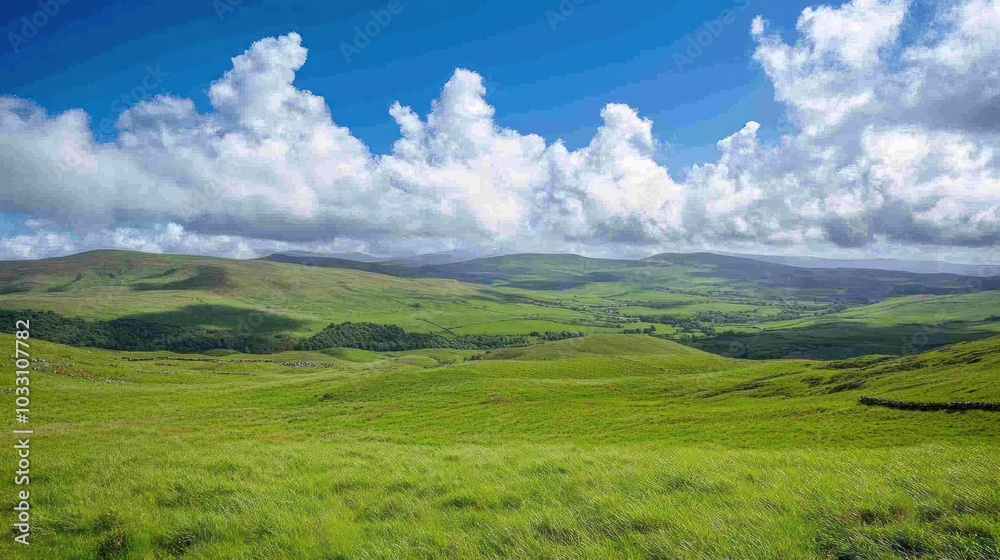 Fototapeta premium Rolling green hills under a bright blue sky with fluffy white clouds, a panoramic view of a lush green meadow.