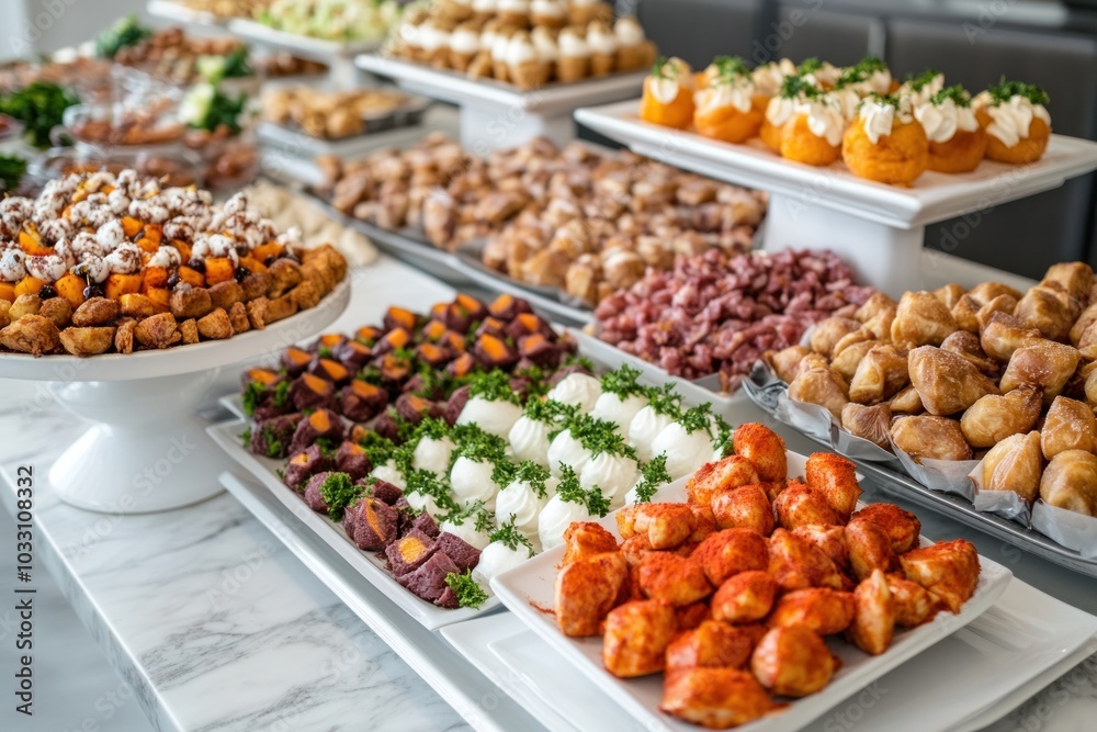 A beautifully arranged buffet featuring halal meats, desserts, and snacks, catering to a diverse group of customers, emphasizing Muslim-friendly options in a modern setting