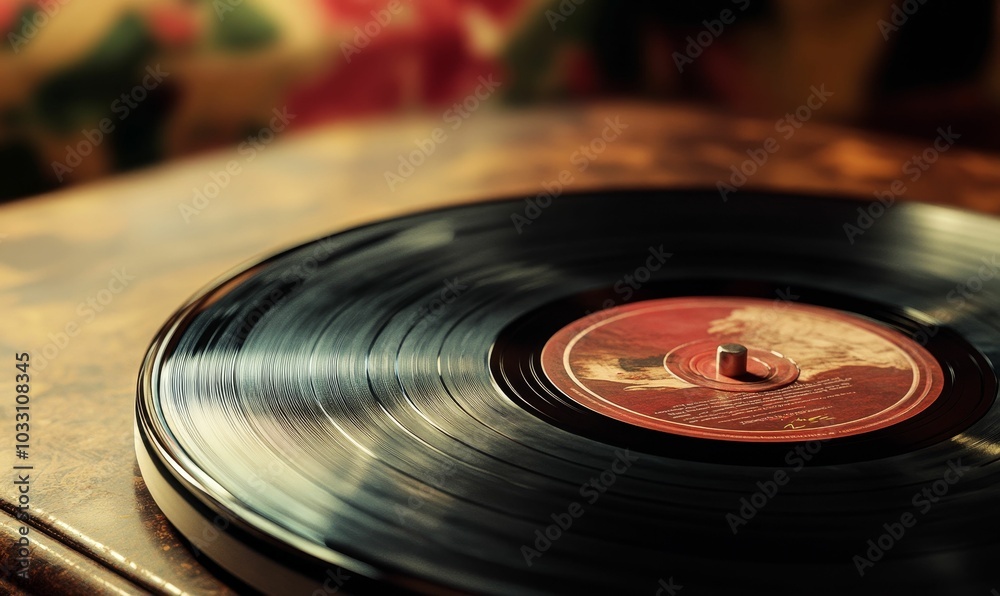 A spinning vinyl record on a table. A spinning vinyl record on a table.