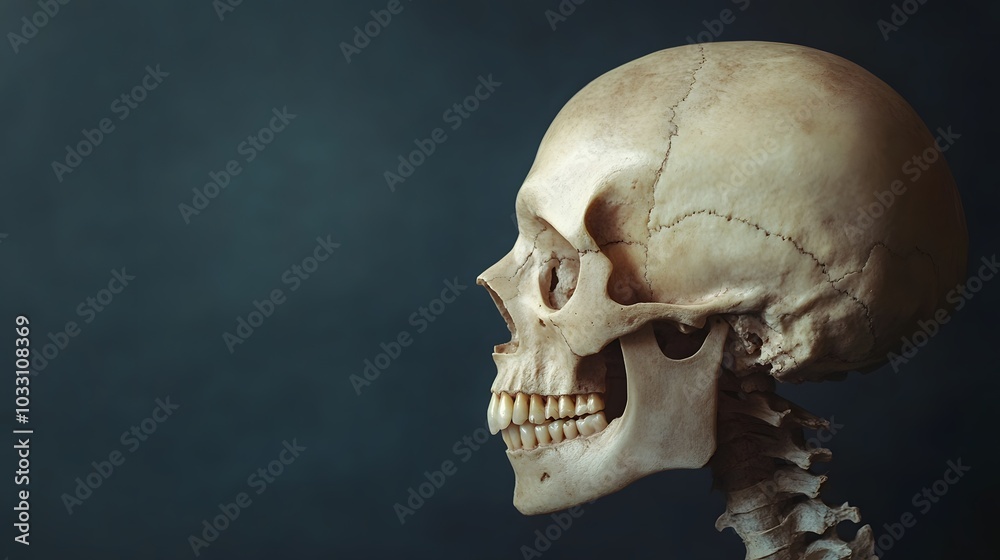 A Human Skull in Profile Against a Dark Blue Background A Human Skull in Profile Against a Dark Blue Background