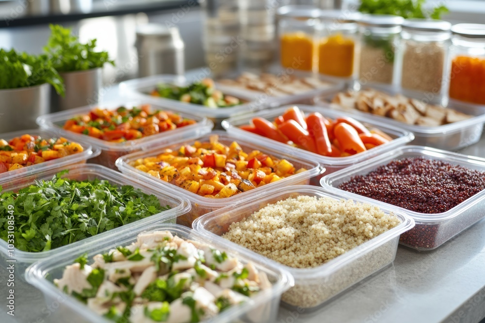 A bright and organized meal prep station, with neatly arranged containers of colorful vegetables