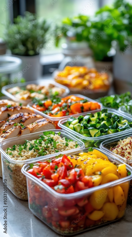 A bright and organized meal prep station, with neatly arranged containers of colorful vegetables A bright and organized meal prep station, with neatly arranged containers of colorful vegetables