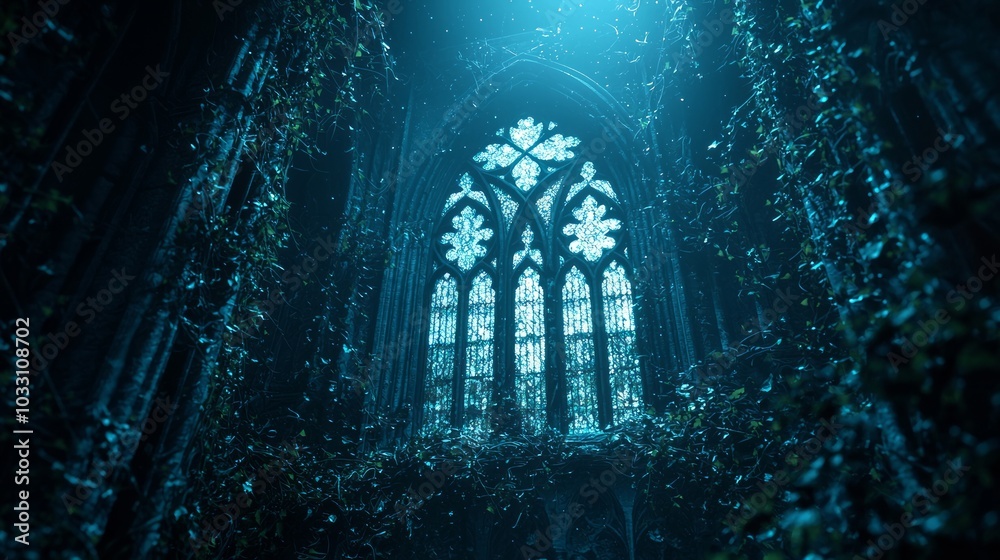 Enchanting Gothic Window Bathed in Moonlight - 3D Render with Intricate Details and Cinematic Lighting Enchanting Gothic Window Bathed in Moonlight - 3D Render with Intricate Details and Cinematic Lighting
