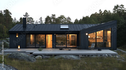 Modern black house in serene natural setting.