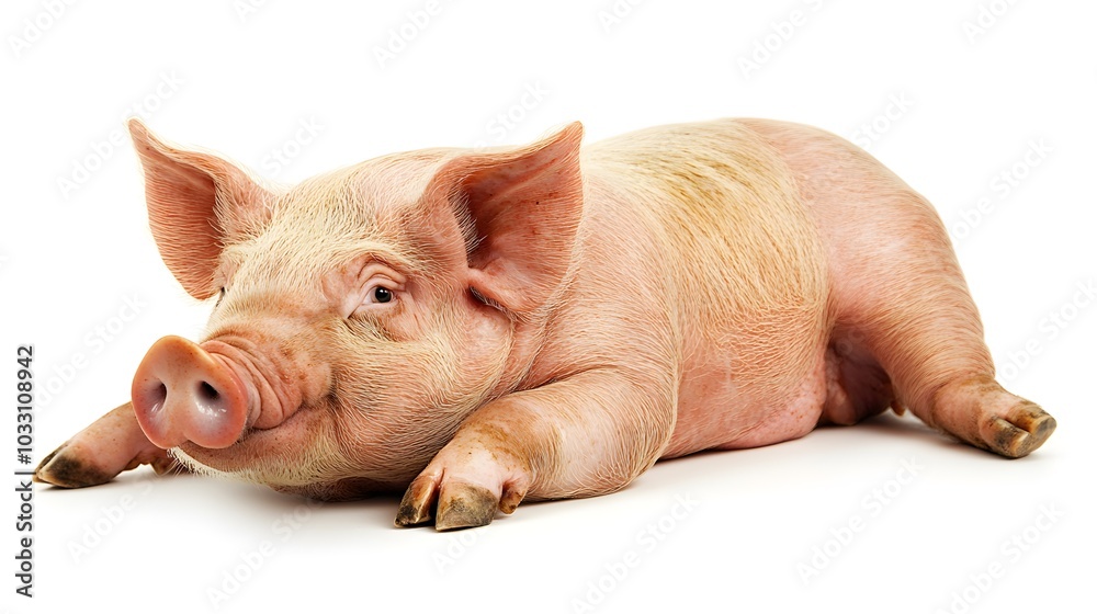 A pink pig lying down on a white background, showcasing its rounded body and relaxed posture, representing farm life or livestock. A pink pig lying down on a white background, showcasing its rounded body and relaxed posture, representing farm life or livestock.