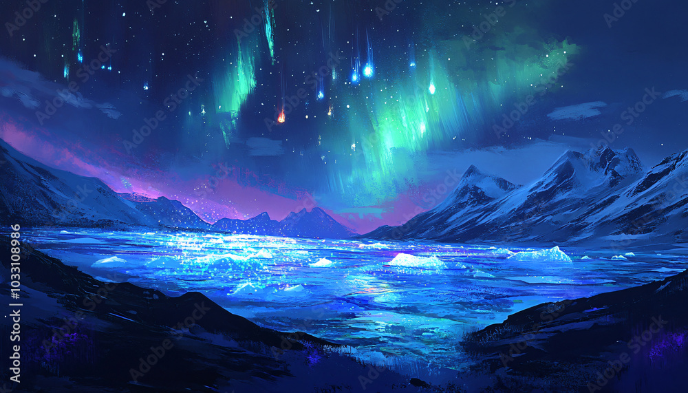Fototapeta premium An icy tundra under a night sky filled with auroras. The glaciers glow faintly, reflecting the colors of the auroras above, creating the illusion of rivers of light flowing across the ice