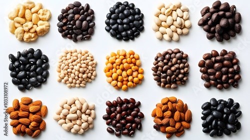 A colorful assortment of various nuts and seeds arranged in clusters on a white background, showcasing diverse textures and colors.