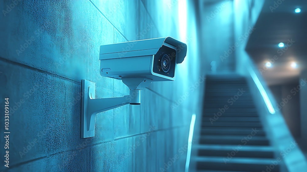 A sleek security camera mounted on a modern building wall, monitoring the surroundings in high resolution. A sleek security camera mounted on a modern building wall, monitoring the surroundings in high resolution.