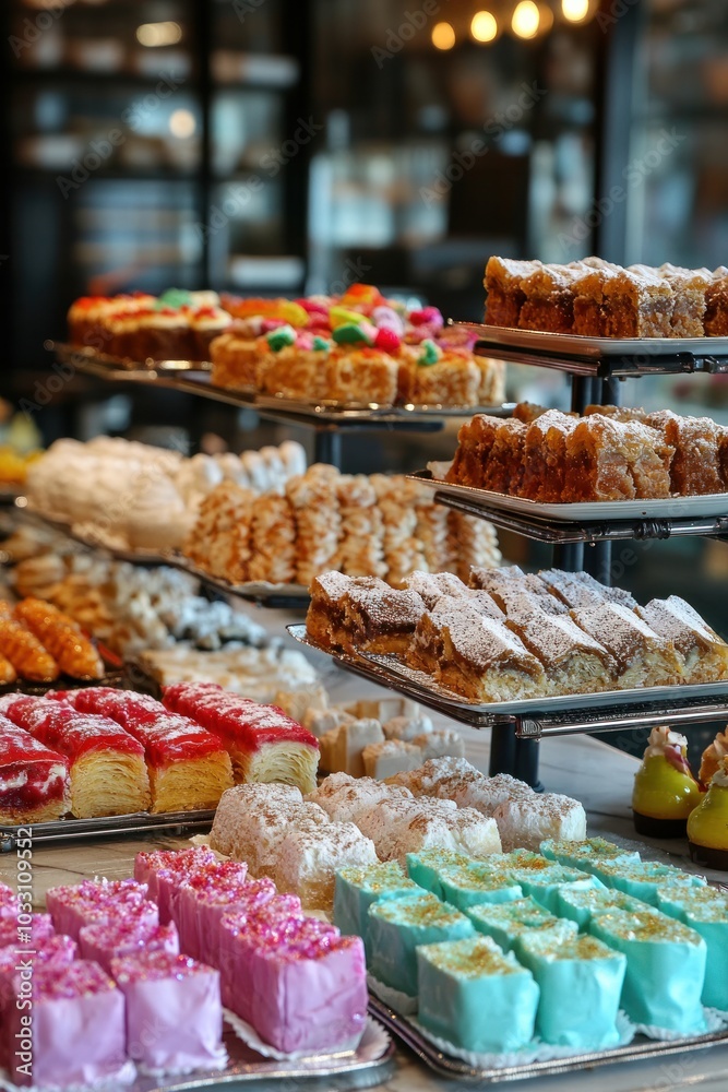 A colorful display of halal desserts such as baklava, kunafa, and halal-friendly pastries, arranged beautifully in a cafe or bakery, attracting Muslim and non-Muslim customers alike A colorful display of halal desserts such as baklava, kunafa, and halal-friendly pastries, arranged beautifully in a cafe or bakery, attracting Muslim and non-Muslim customers alike