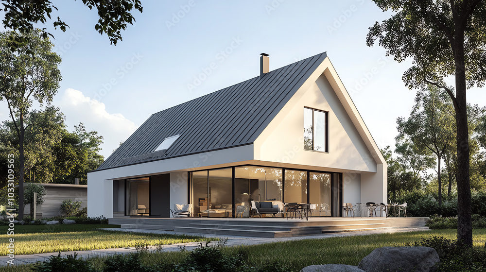 Modern house with large glass windows. Modern house with large glass windows.
