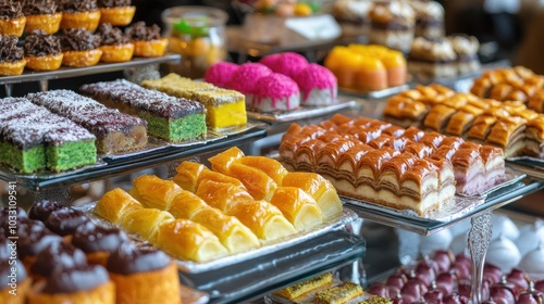 A colorful display of halal desserts in a cafe, with traditional sweets like baklava and kunafa arranged in a vibrant showcase photo