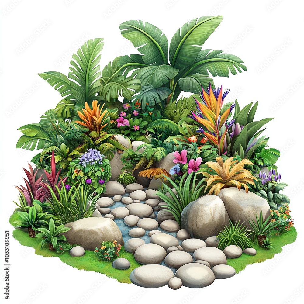 Lush garden with diverse plants and stones Lush garden with diverse plants and stones