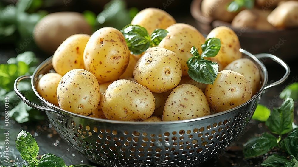 close-up of a colander filled with yellow potatoes