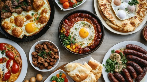 A cozy halal cafe offering a full breakfast spread with eggs, sausage, and bread, catering to Muslim customers with friendly, welcoming service