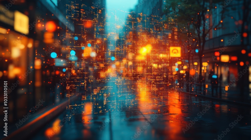 A vibrant city street illuminated by lights and reflections, creating a digital atmosphere. A vibrant city street illuminated by lights and reflections, creating a digital atmosphere.