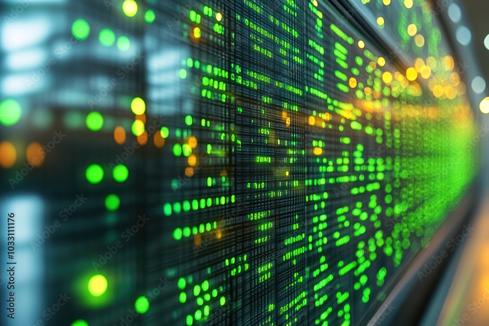 A digital display showing data streams with green and orange lights. A digital display showing data streams with green and orange lights.