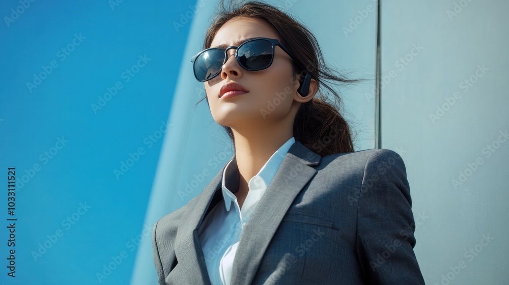 A female bodyguard in a tailored suit, wearing sunglasses and earpiece, standing alert while protecting a high-profile client A female bodyguard in a tailored suit, wearing sunglasses and earpiece, standing alert while protecting a high-profile client