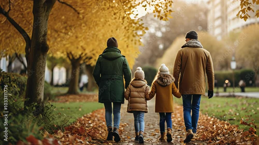 Family Strolling Through Autumn Park with Colorful Leaves