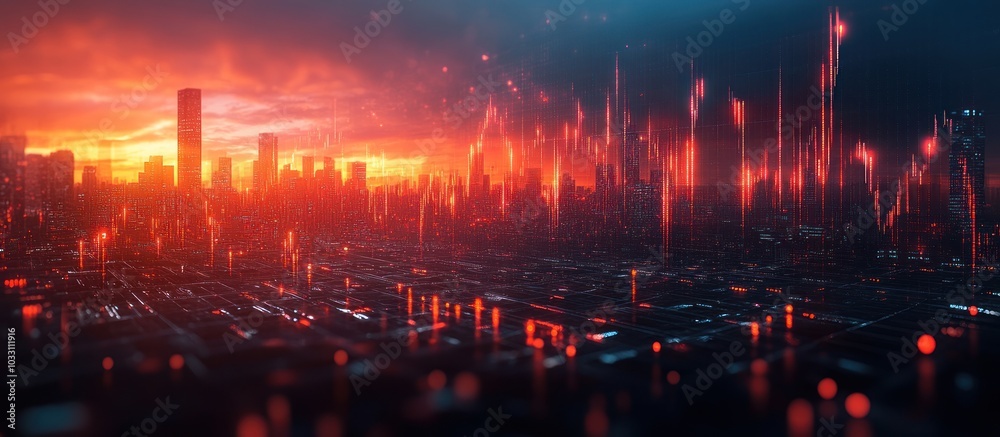 Fototapeta premium Futuristic cityscape silhouette at sunset with glowing red lines.