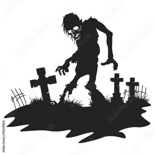 Halloween Zombie Silhouette Illustration in Graveyard