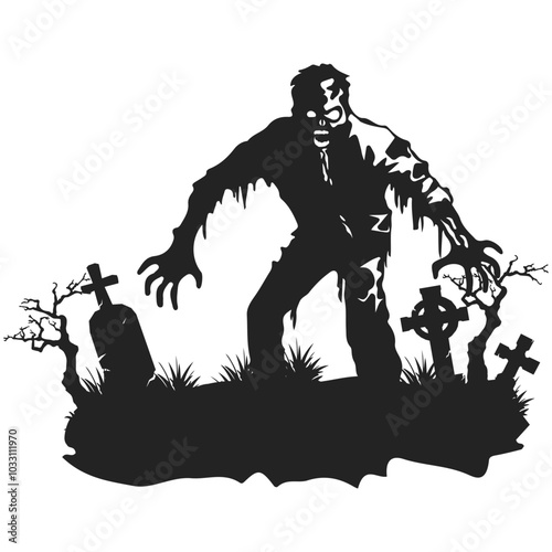 Halloween Zombie Silhouette Illustration in Graveyard