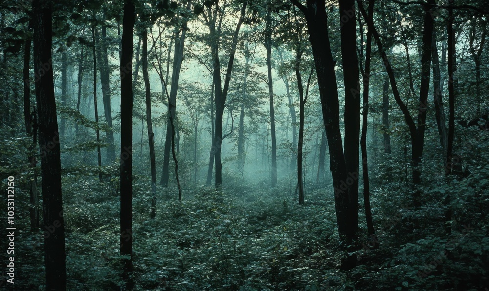 Dark, misty forest with tall trees. Dark, misty forest with tall trees.
