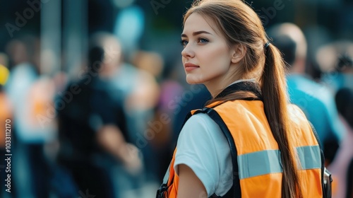 A female security guard managing a crowd during a public event, keeping the atmosphere safe and organized