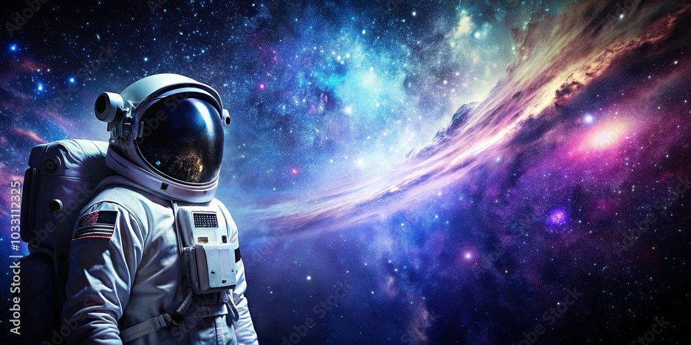 A lone astronaut stands in the vastness of space, a cosmic dance of starlight and nebulous swirls unfolding behind him. A lone astronaut stands in the vastness of space, a cosmic dance of starlight and nebulous swirls unfolding behind him.