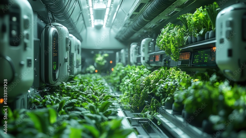 A futuristic indoor farm with rows of lush green plants and advanced growing technology. A futuristic indoor farm with rows of lush green plants and advanced growing technology.