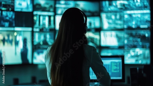 A female security officer using technology to track surveillance footage in a modern security control room, maintaining oversight of multiple areas