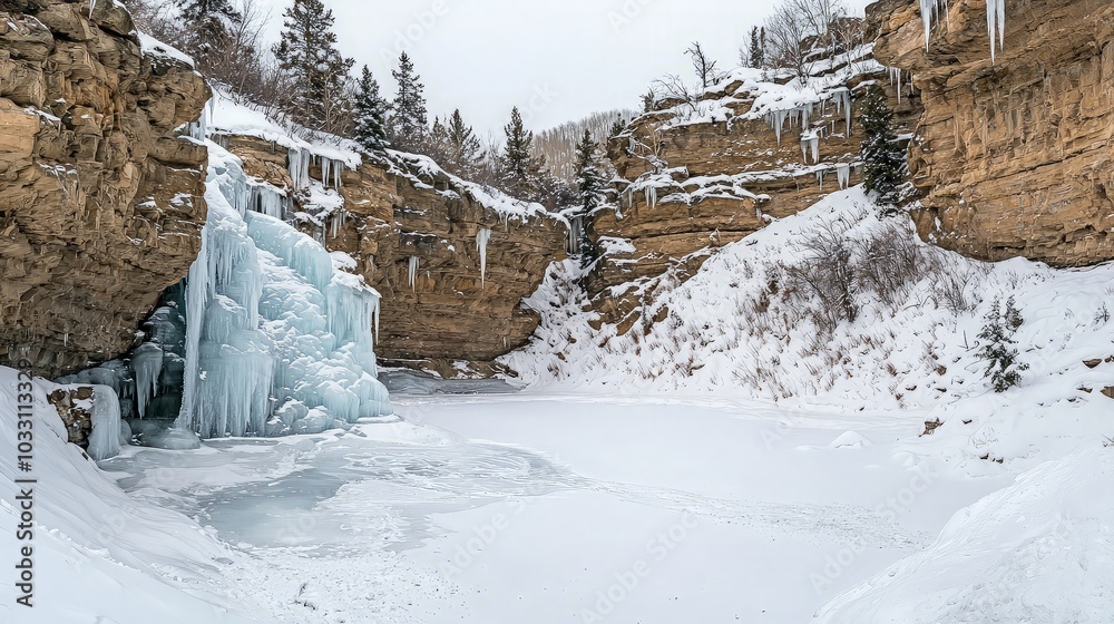 Obraz premium A frozen waterfall cascades into a frozen lake, surrounded by snow-covered cliffs and trees in a winter wonderland.