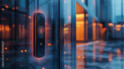 A futuristic biometric fingerprint scanner installed on a glass door, enhancing access control for the modern security system. photo