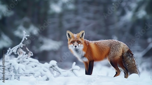 A red fox standing in a snow-covered forest