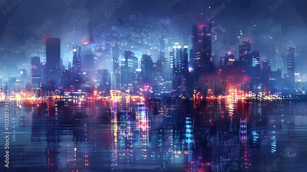 Fototapeta premium A futuristic city skyline illuminated by vibrant neon lights reflects on the water, creating a high-tech, cyberpunk ambiance at night.
